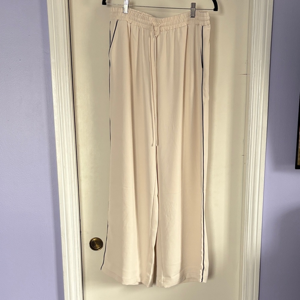 Cream Wide-Leg Pants with Black Trim